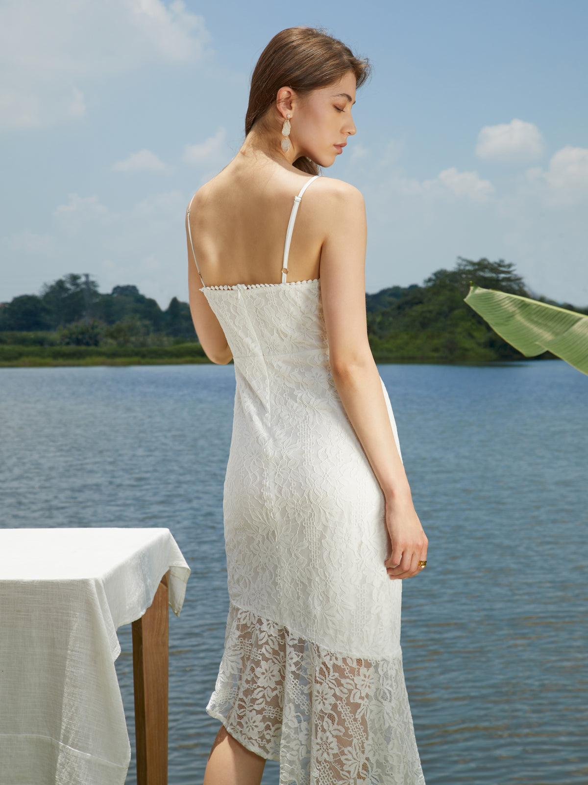 Floral Lace Oblique Hem Midi Dress