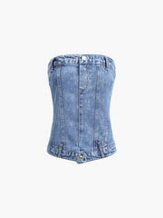 Zippered Smocked Denim Tube Crop Top