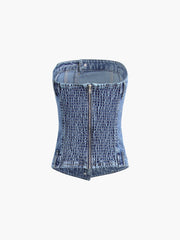 Zippered Smocked Denim Tube Crop Top