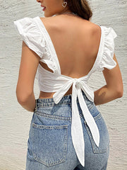 Cotton Ruffle Back Tied Crop Top