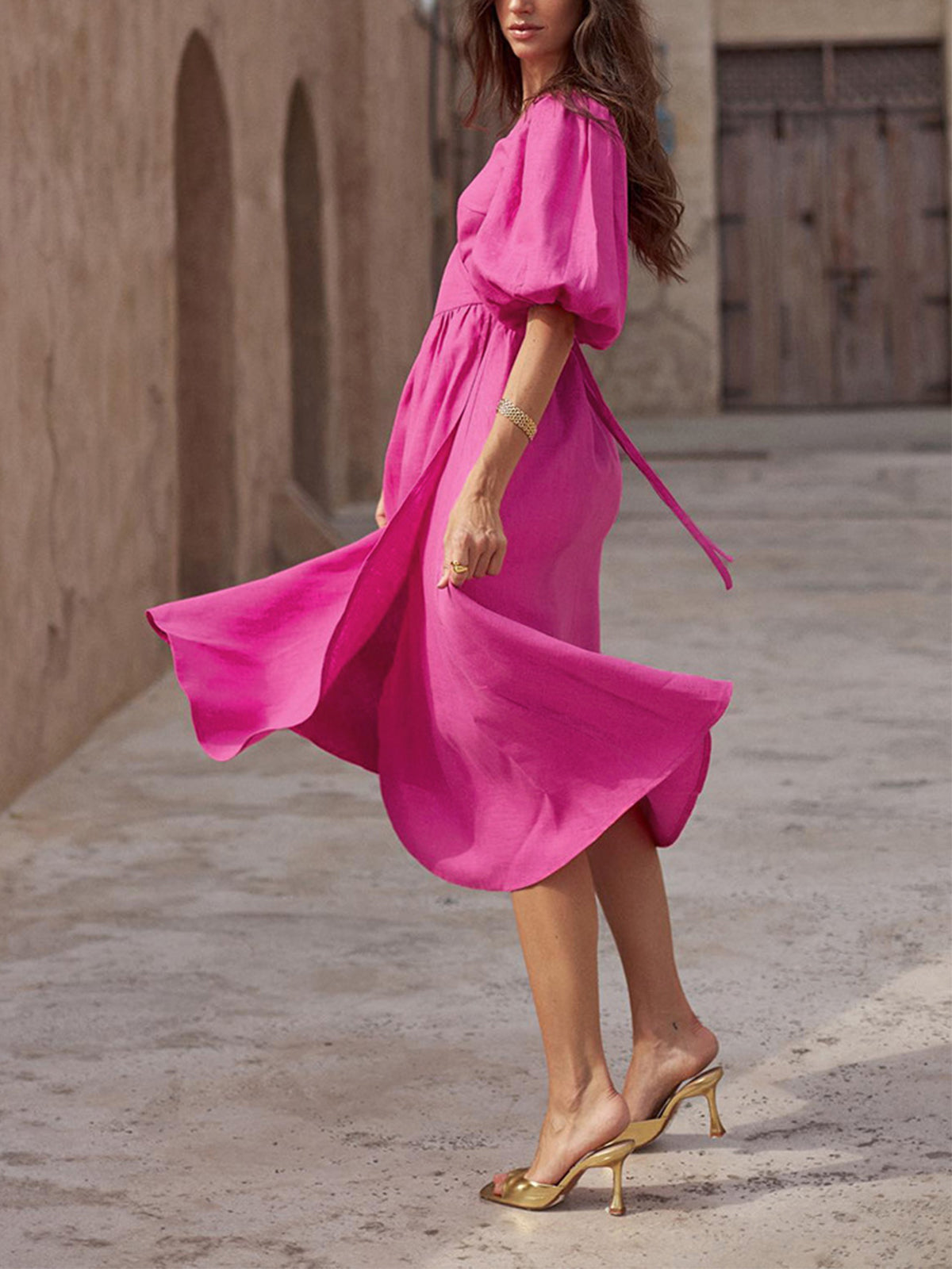 Lantern Sleeve Flare Slit Wrap Dress