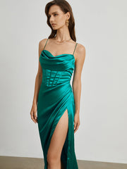 Cowl Neck Mermaid Corset Satin Long Dress