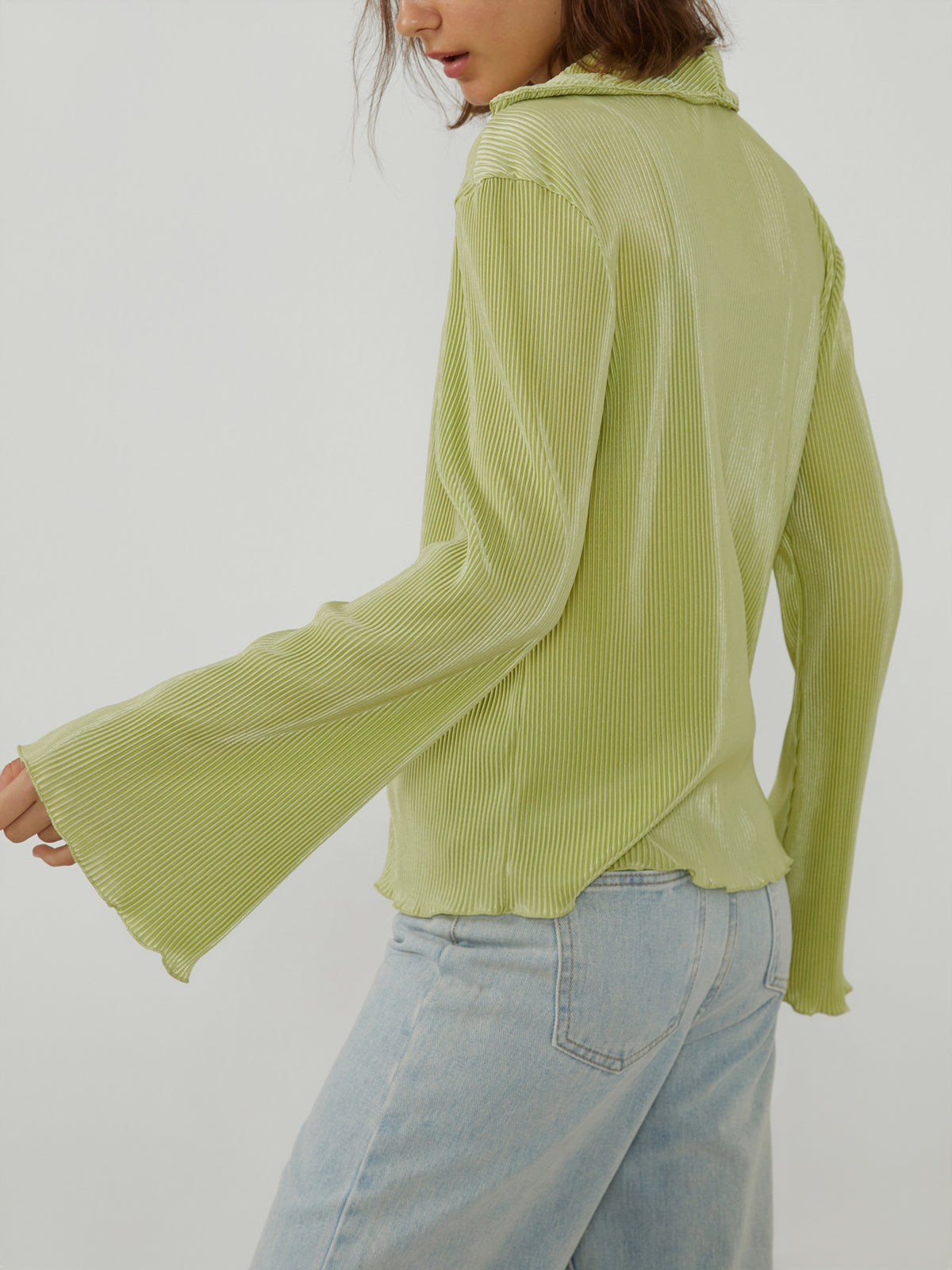 Pleated Flared Long Sleeve Blouse
