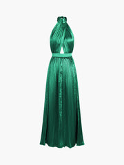 Halter Tied Open Back Satin Pleat Long Dress