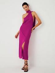 Golden Time Satin Zippered Open Back Midi Dress