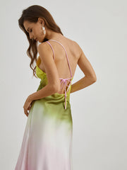 Three Tone Satin Open Back Long Dress