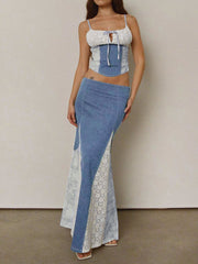 Patchwork Denim Floral Lace Two Piece Skirt Set