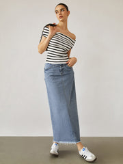 Denim Raw Hem Maxi Skirt