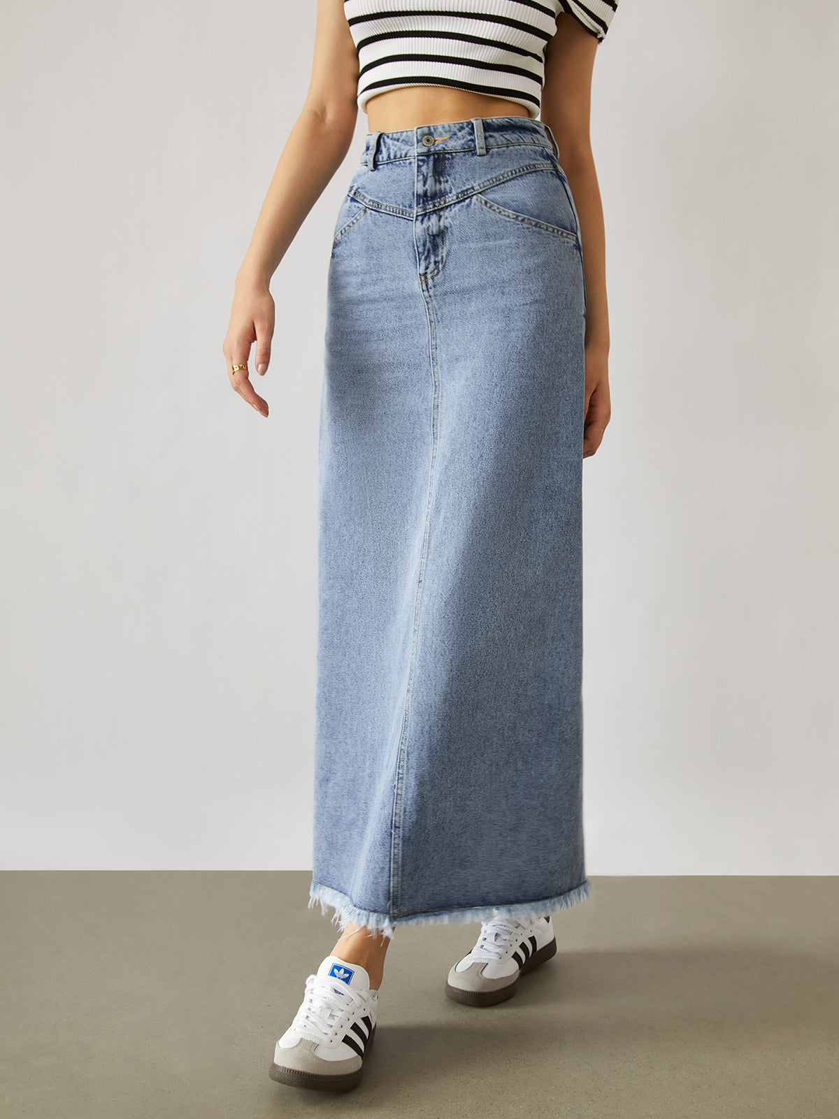 Denim Raw Hem Maxi Skirt