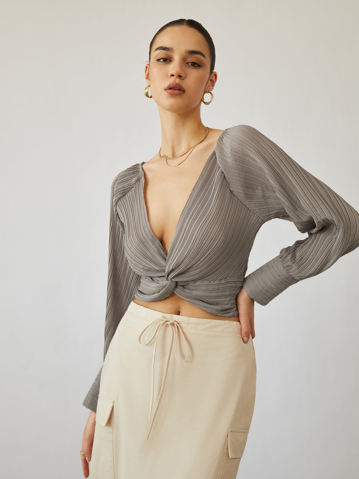 Plisse Knotted Crop Blouse