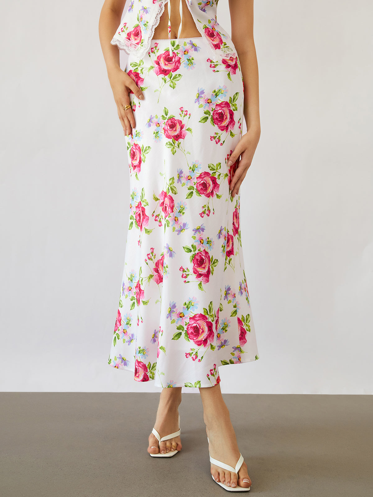 Rose Bush Flowy Floral Midi Skirt