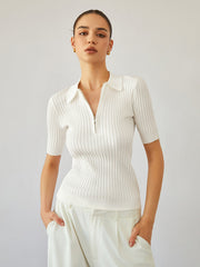 Zippered Polo Rib Knit Top