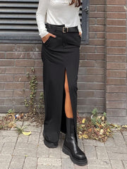 Oblique Waistband Pockets Slit Maxi Skirt