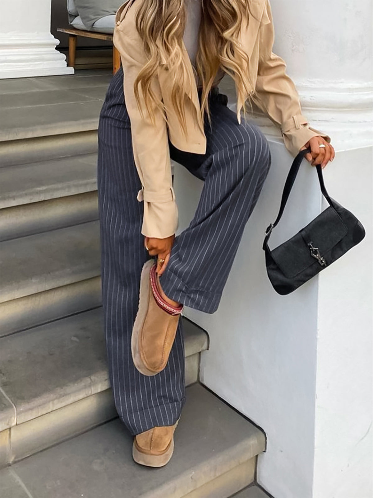 Casual Pinstripe Wide Leg Pants