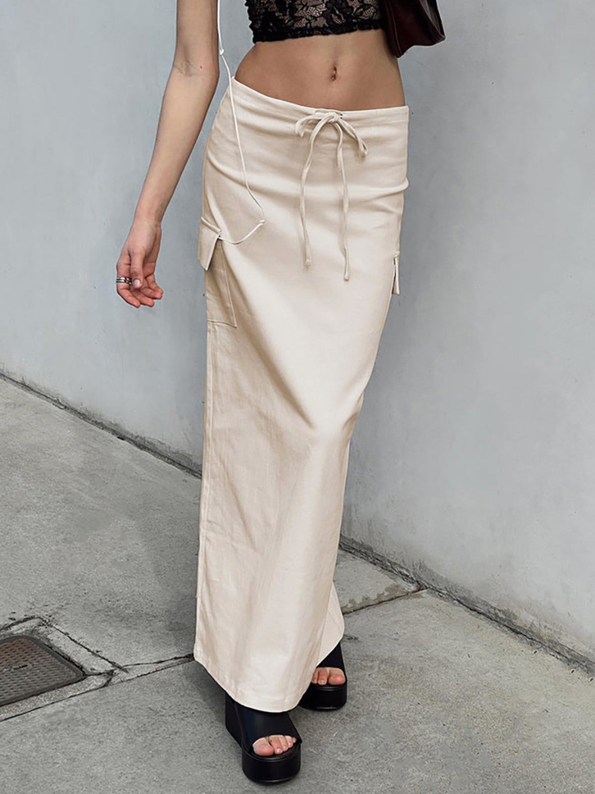 Drawstring Slit Maxi Skirt