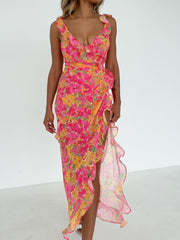 Tropical Passion Floral Ruffle Long Dress