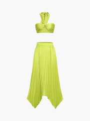 Fresh Summer Halter Pleat Two Piece Skirt Set