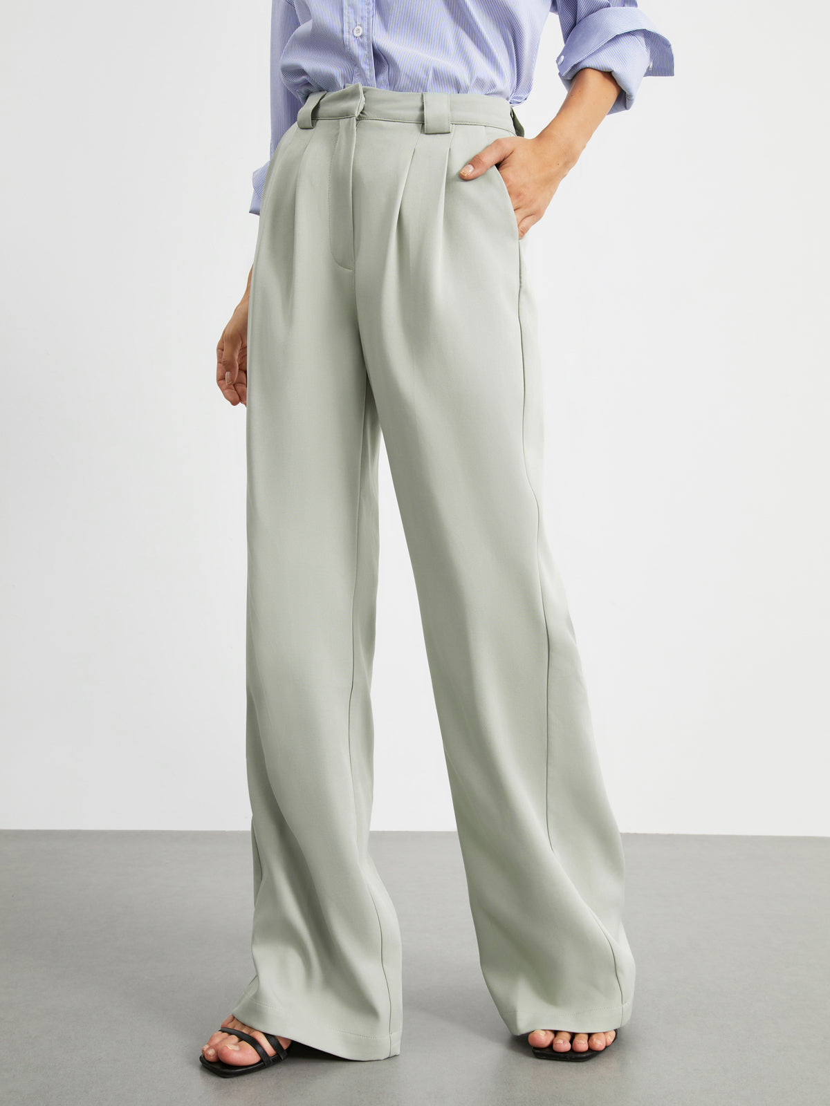 Business Casual Pockets Pleat Wide Leg Pants