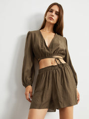 Cocoa Bean Puff Sleeve Tied Two Piece Shorts Set