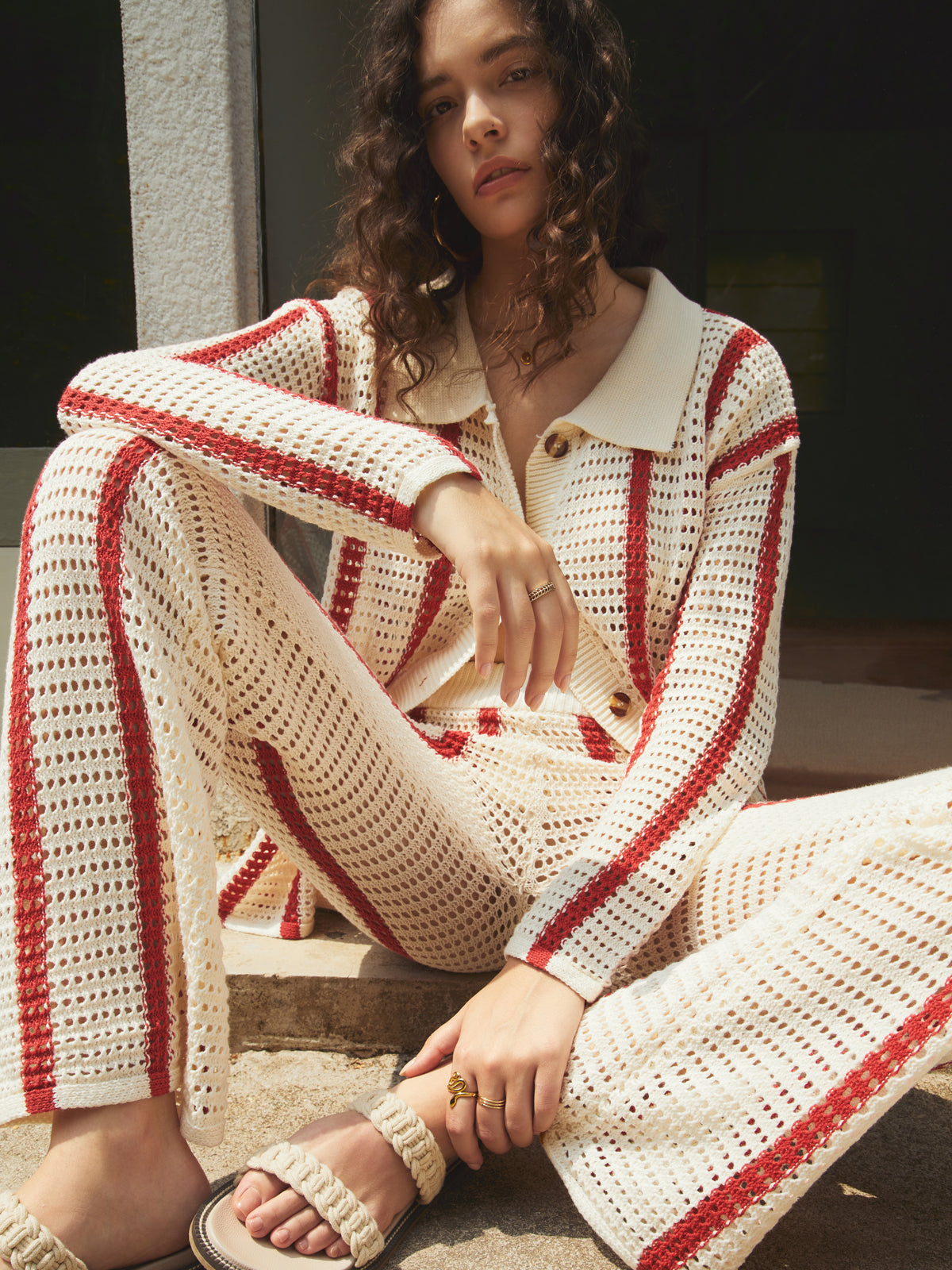 Puglia Stripe Crochet Long Sleeve Two Piece Pants Set