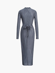 Plisse Pleat Long Sleeve Tie Back Long Dress