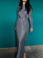 Plisse Pleat Long Sleeve Tie Back Long Dress