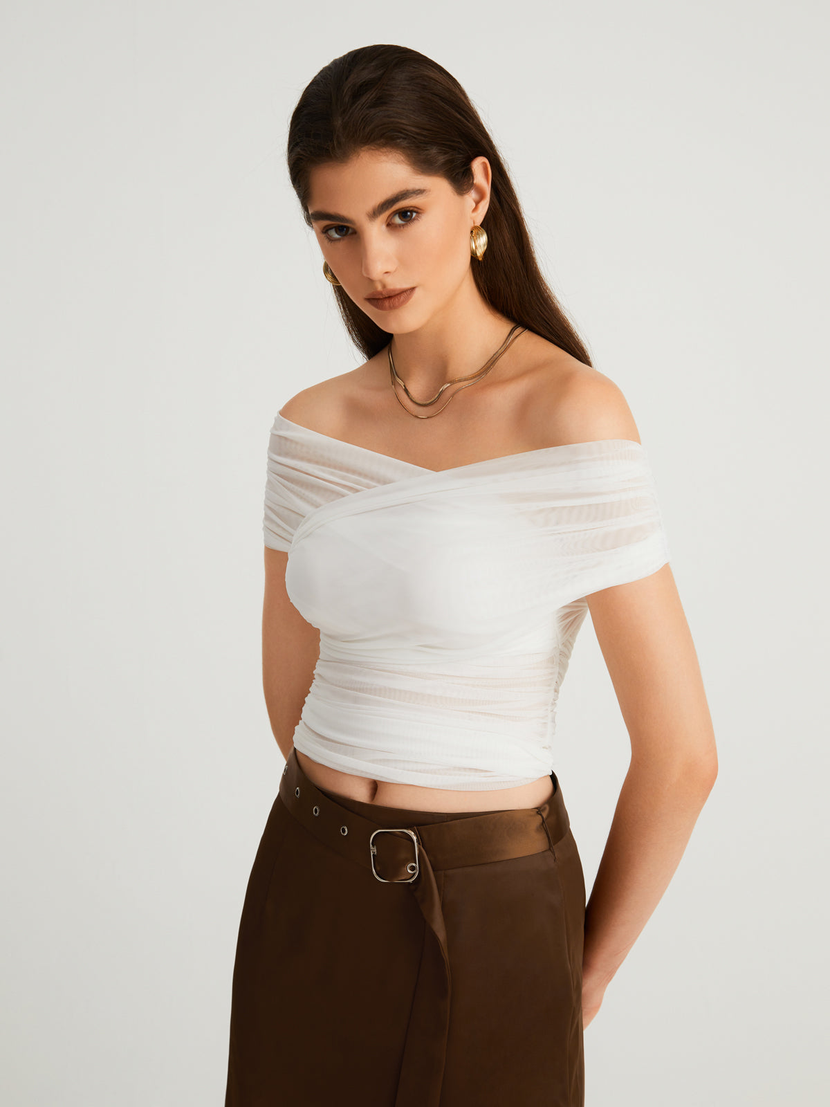 Criss Cross Off Shoulder Mesh Top