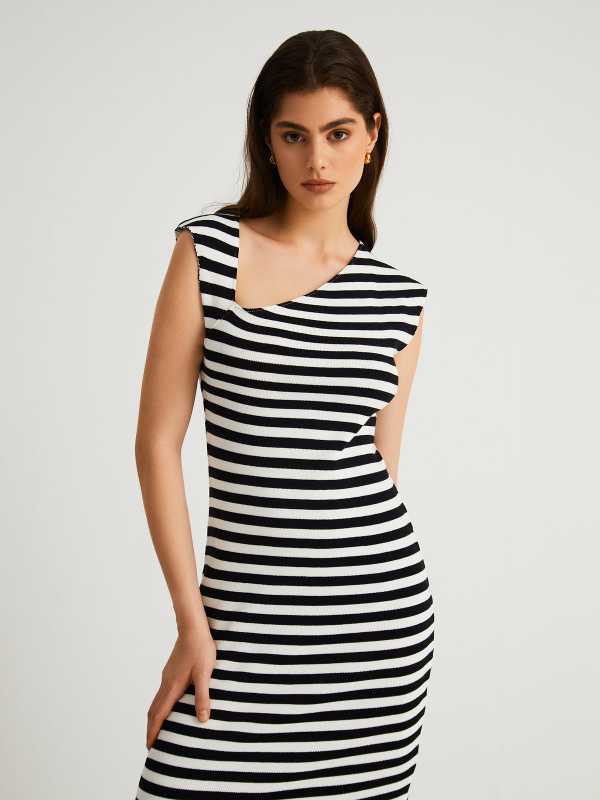 Asymmetric Neck Stripe Midi Sweater Dress