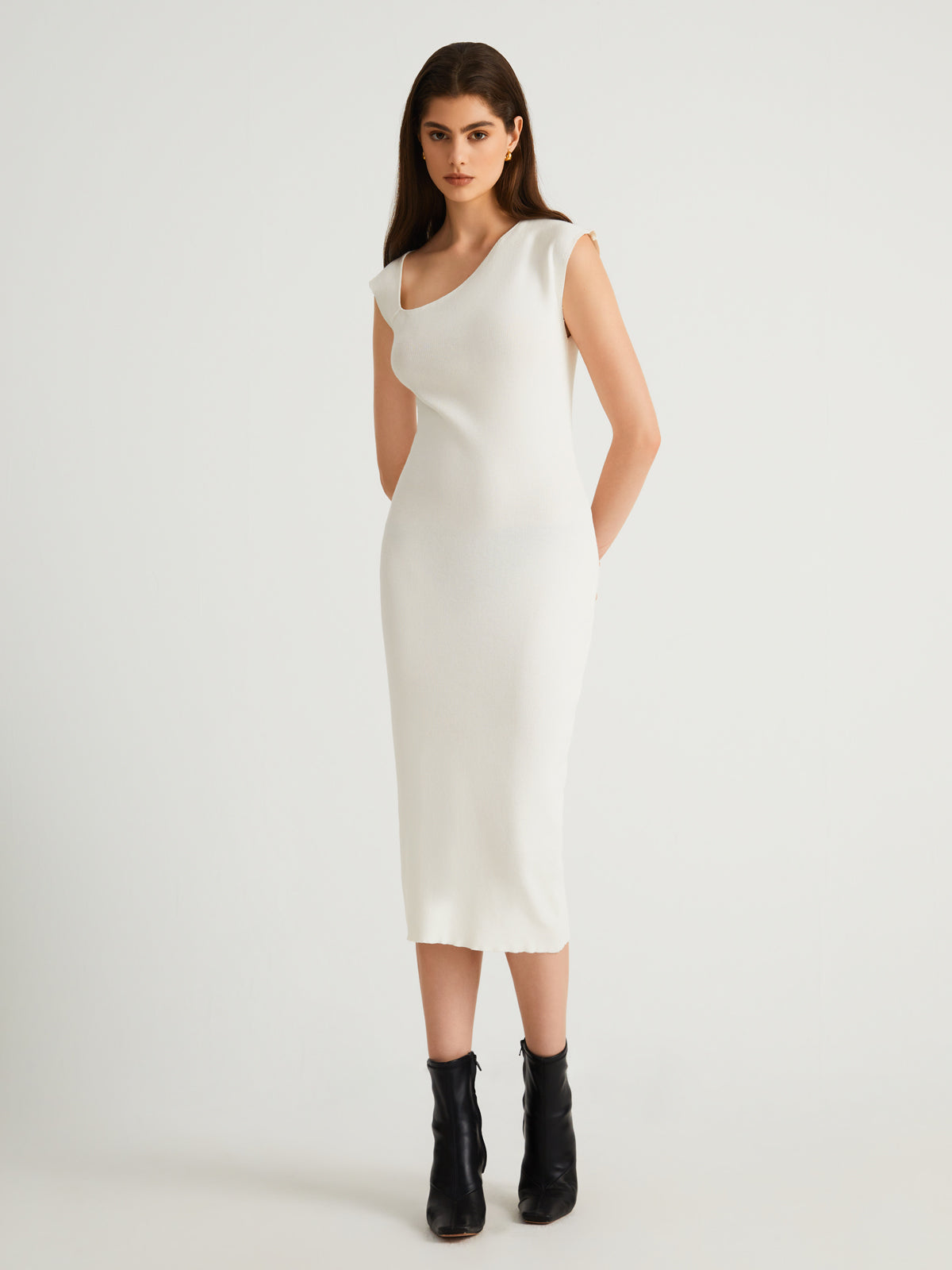 Asymmetric Neck Stripe Midi Sweater Dress