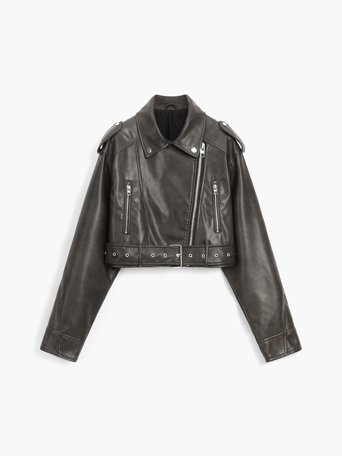 Faux Leather Belted Crop Bomber Jacket