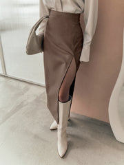 Quiet Luxury Faux Leather Slit Midi Skirt