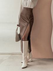 Quiet Luxury Faux Leather Slit Midi Skirt