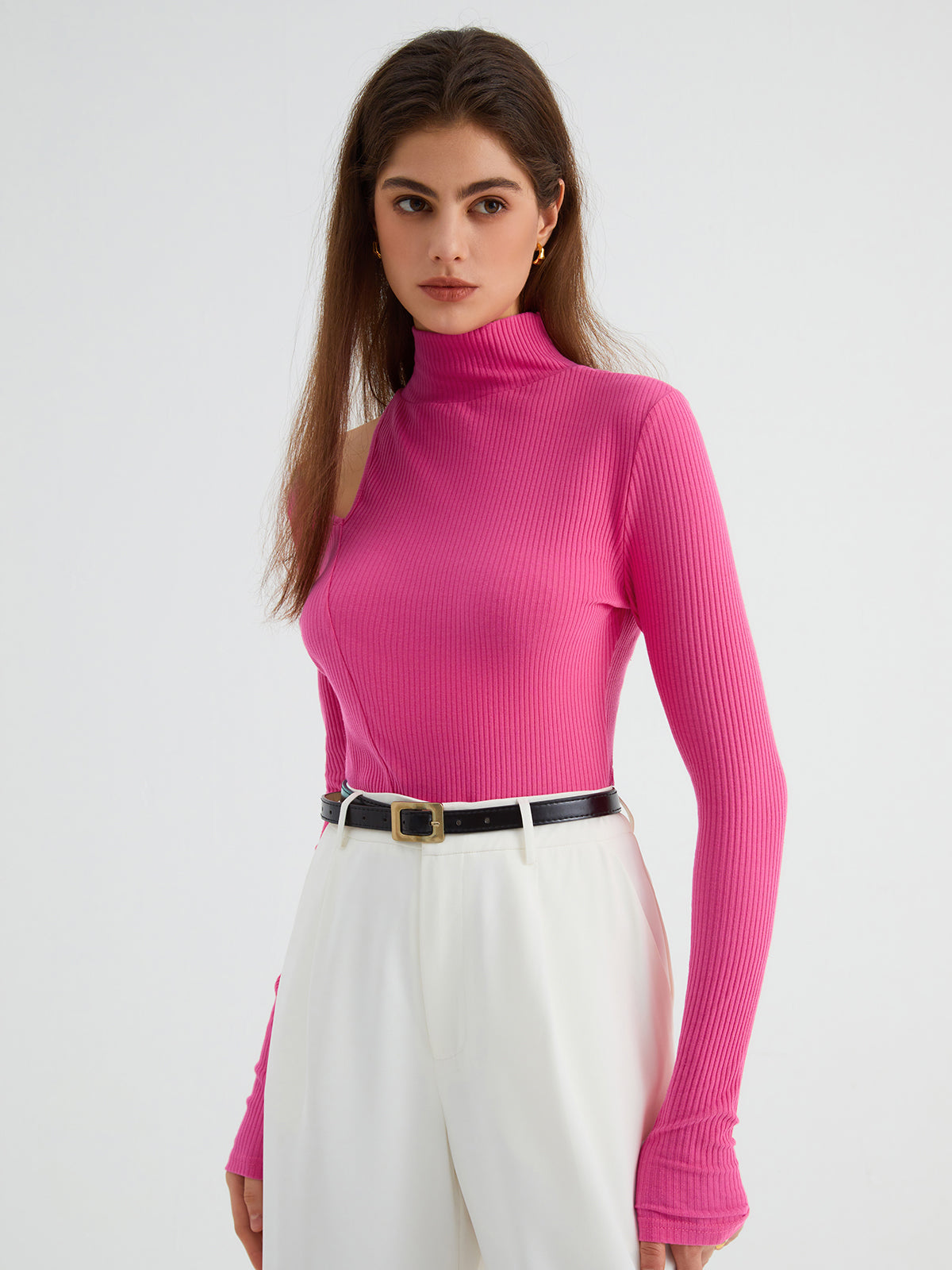 Barbiecore Cutout Mock Neck Long Sleeve Top