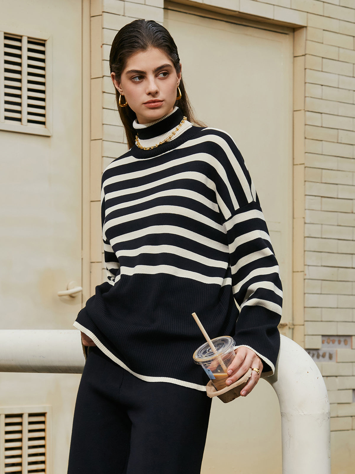 Parisian Stripe Two Piece Turtleneck Sweater Pants Set