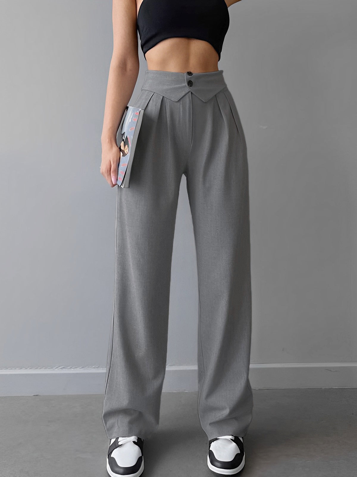 Street Fold Over Waistband Straight Leg Dress Pants