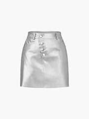 Asymmetric Buttoned Metallic Leather Mini Skirt