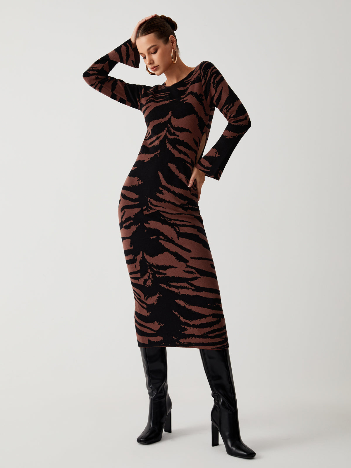 Tiger Print Cutout Long Sleeve Midi Sweater Dress