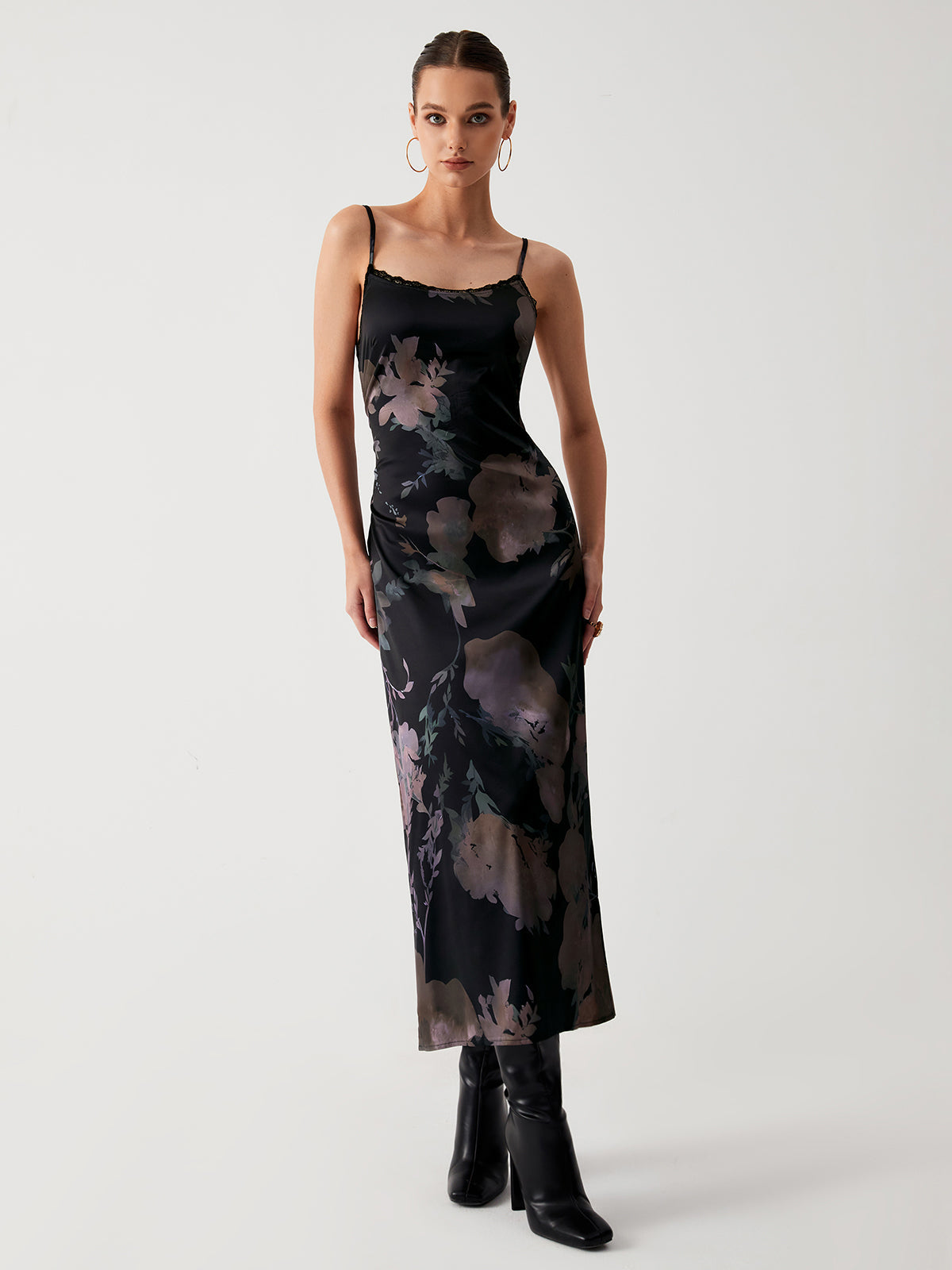 Floral Satin Open Back Midi Dress