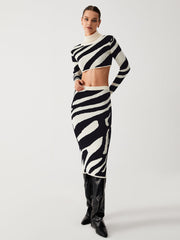 Zebra Print Mock Neck Crop Top Two Piece Skirt Set