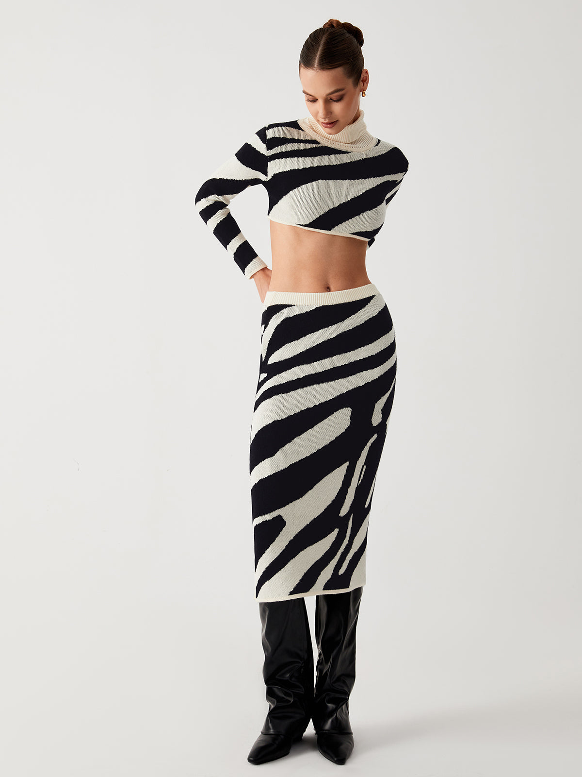 Zebra Print Mock Neck Crop Top Two Piece Skirt Set