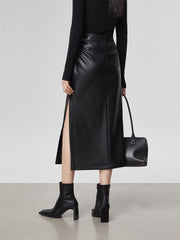 Faux Leather Ruched Slit Midi Skirt