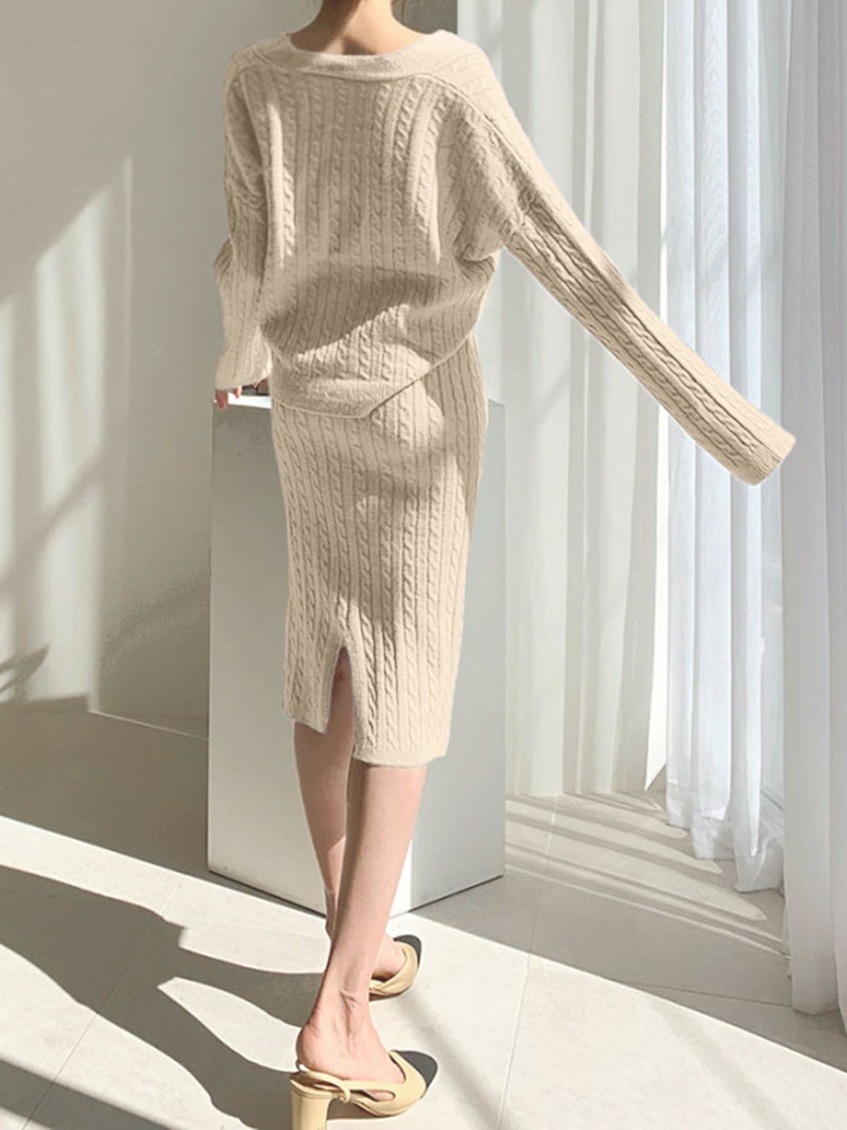 Cable Knit Two Piece Sweater Skirt Set