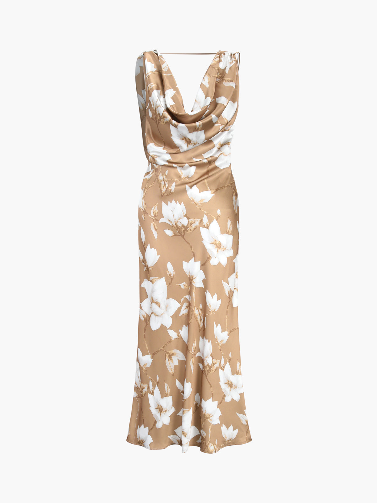 Camellia Floral Satin Cowl Neck Midi Dress