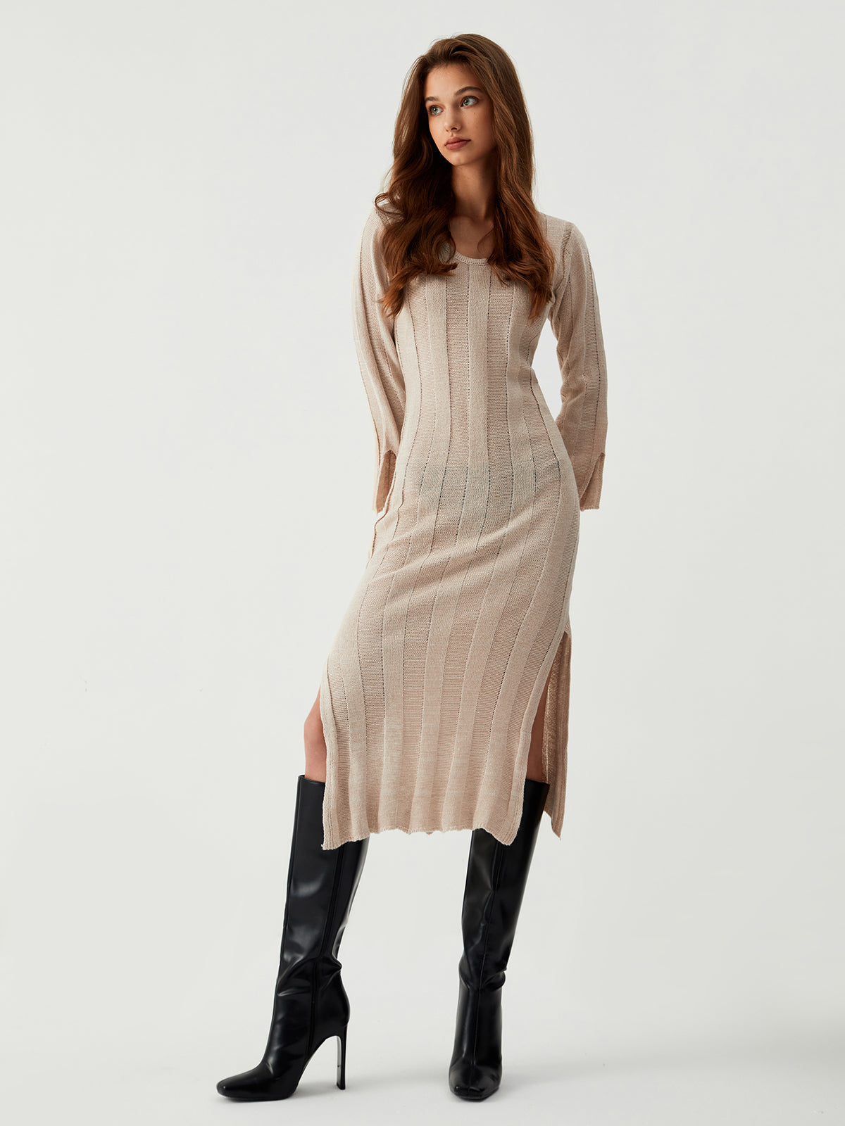 Open Knit Long Sleeve Midi Sweater Dress