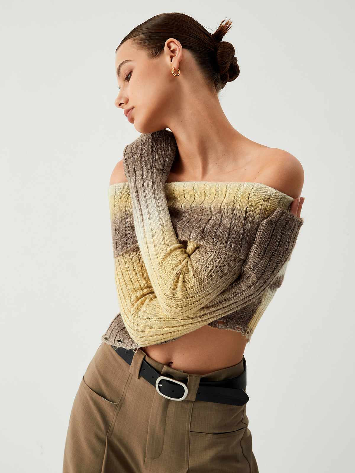 Ombre Off Shoulder Ripped Hem Knit Top