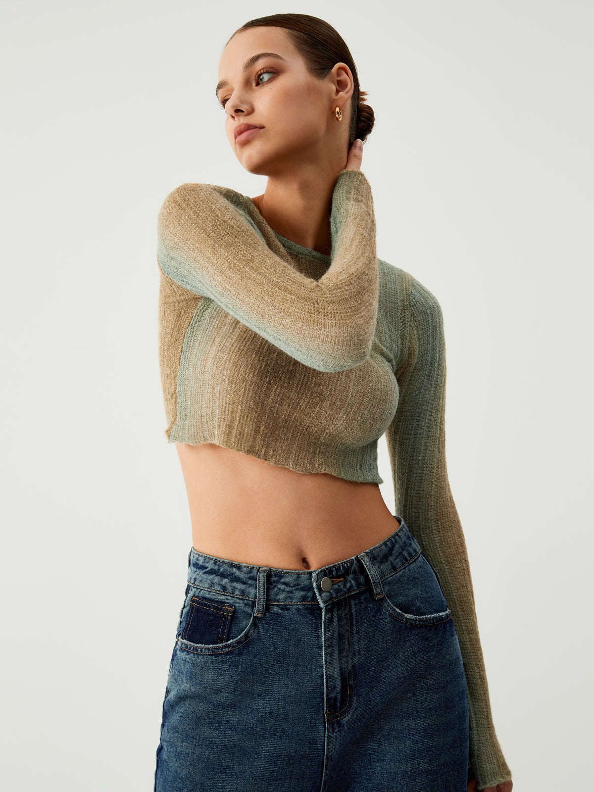 Ombre Greenfield Long Sleeve Crop Knit Top