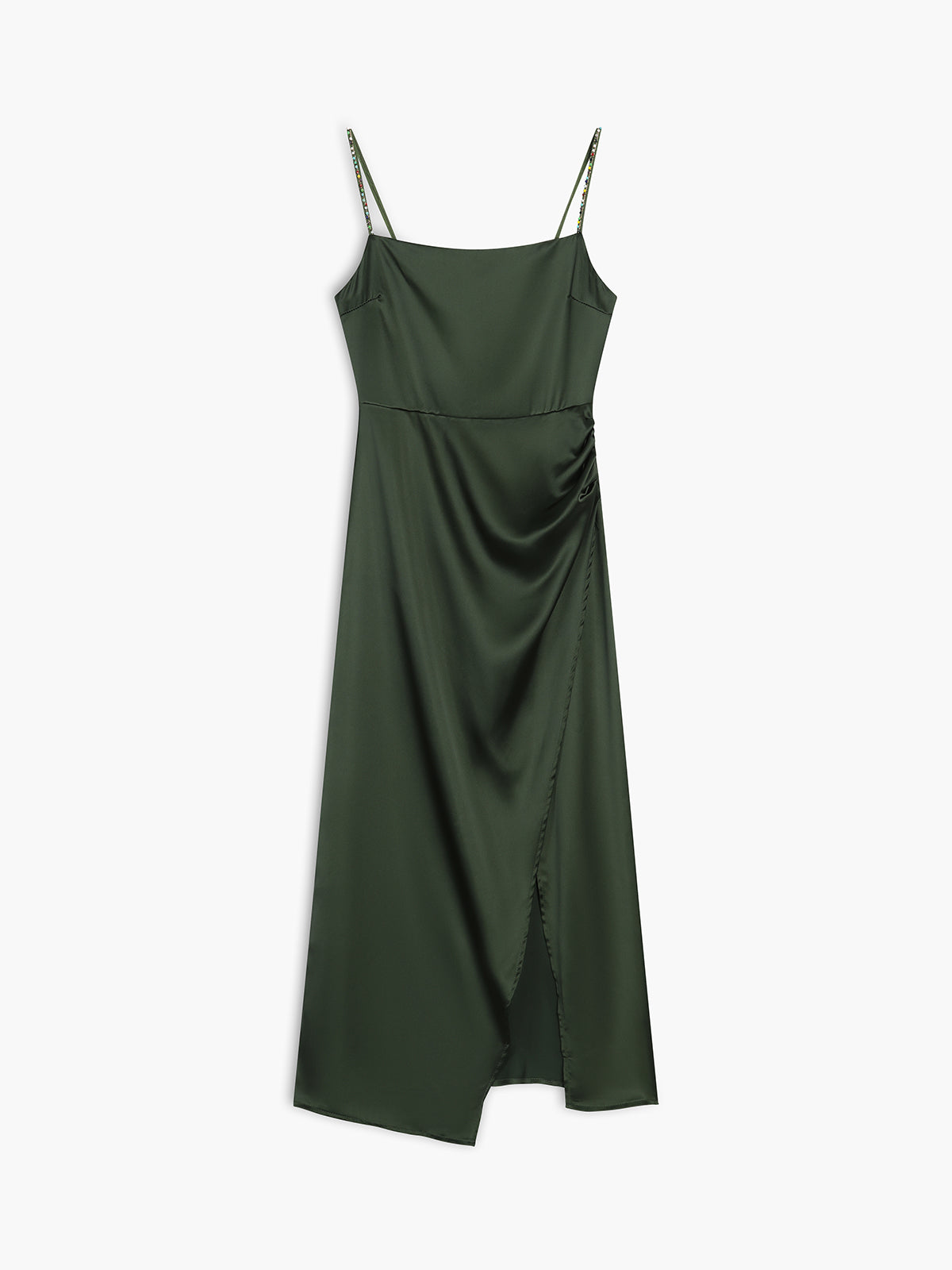 Emerald Green Satin Beaded Midi Dress