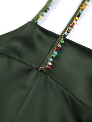 Emerald Green Satin Beaded Midi Dress
