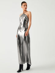 Metallic Leather Halter Long Dress