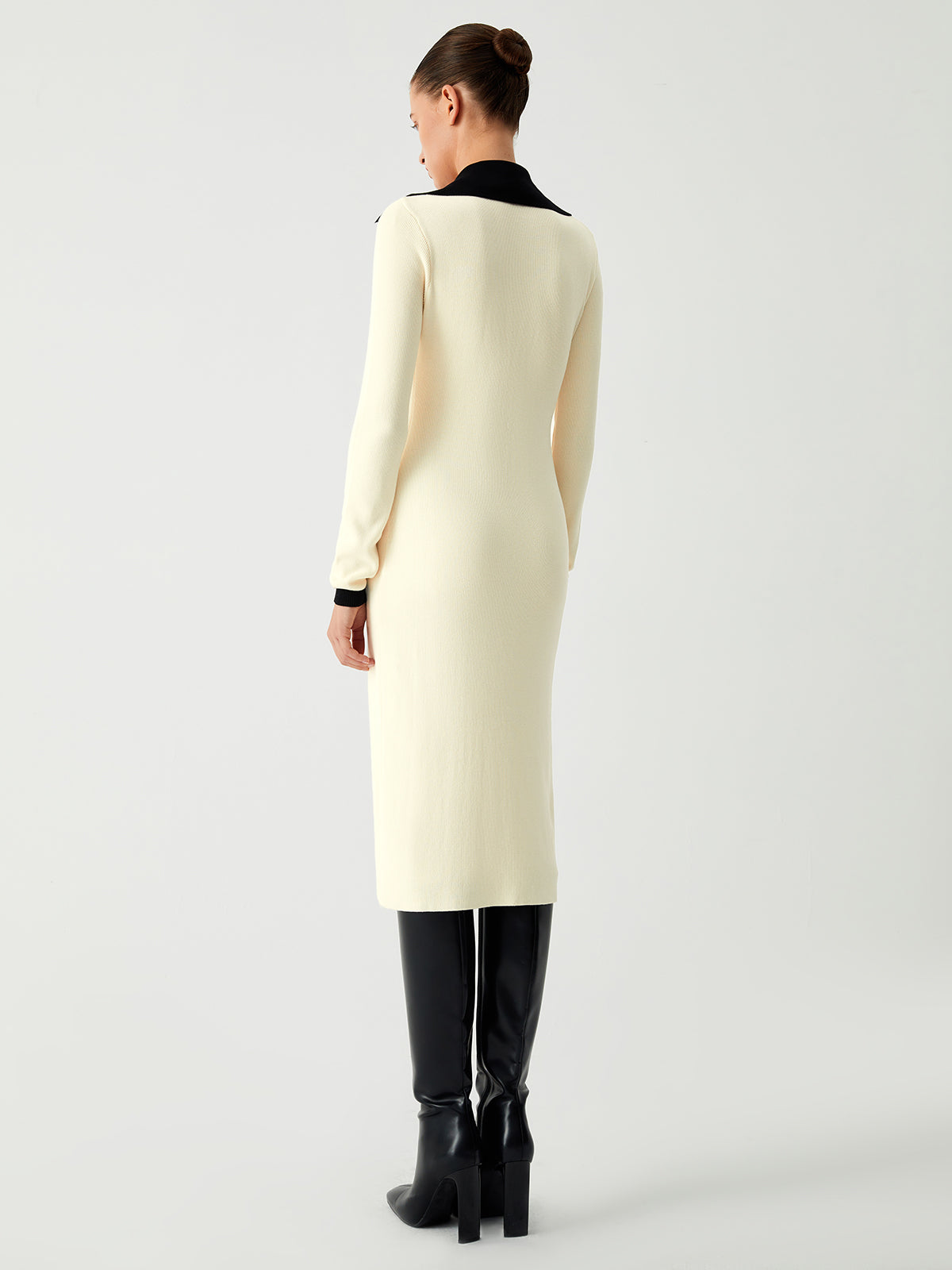 Contrast Trim Collared Long Sleeve Knit Dress